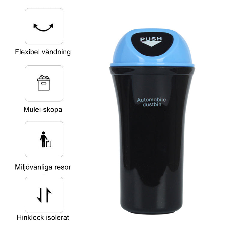 "Kompakt papperskorg för bil, diskret design med skjutlock, hållbart ABS-material, tillgänglig i flera färger."