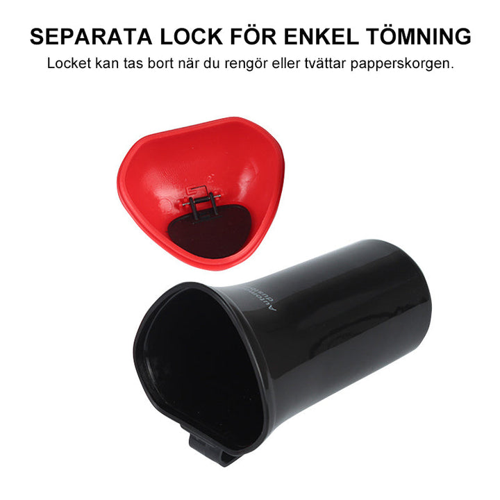 "Kompakt papperskorg för bil, diskret design med skjutlock, hållbart ABS-material, tillgänglig i flera färger."