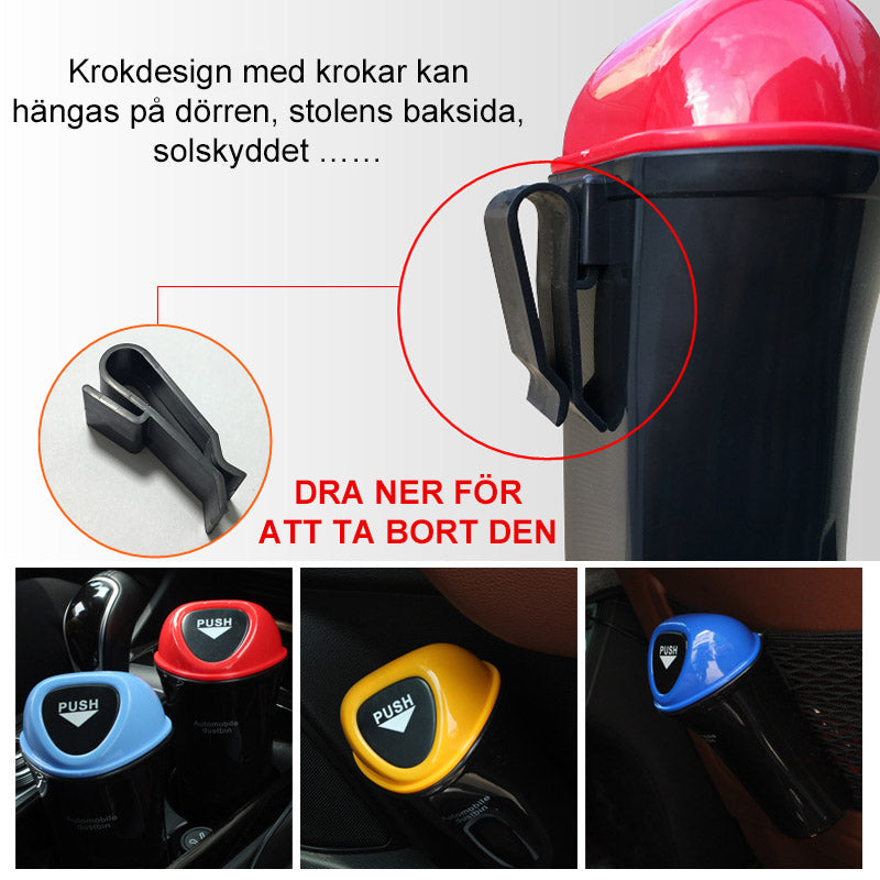 "Kompakt papperskorg för bil, diskret design med skjutlock, hållbart ABS-material, tillgänglig i flera färger."