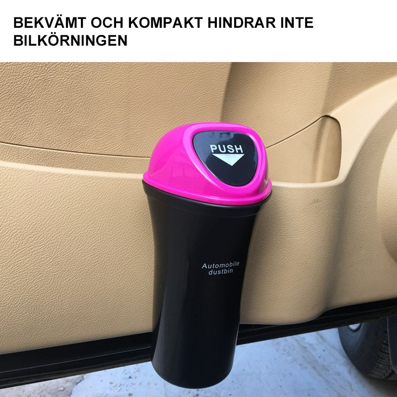 "Kompakt papperskorg för bil, diskret design med skjutlock, hållbart ABS-material, tillgänglig i flera färger."