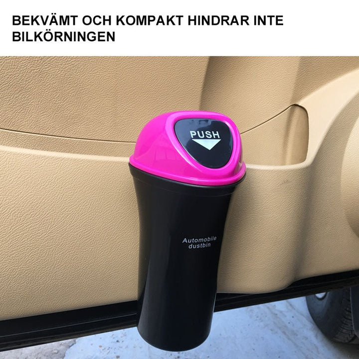 "Kompakt papperskorg för bil, diskret design med skjutlock, hållbart ABS-material, tillgänglig i flera färger."