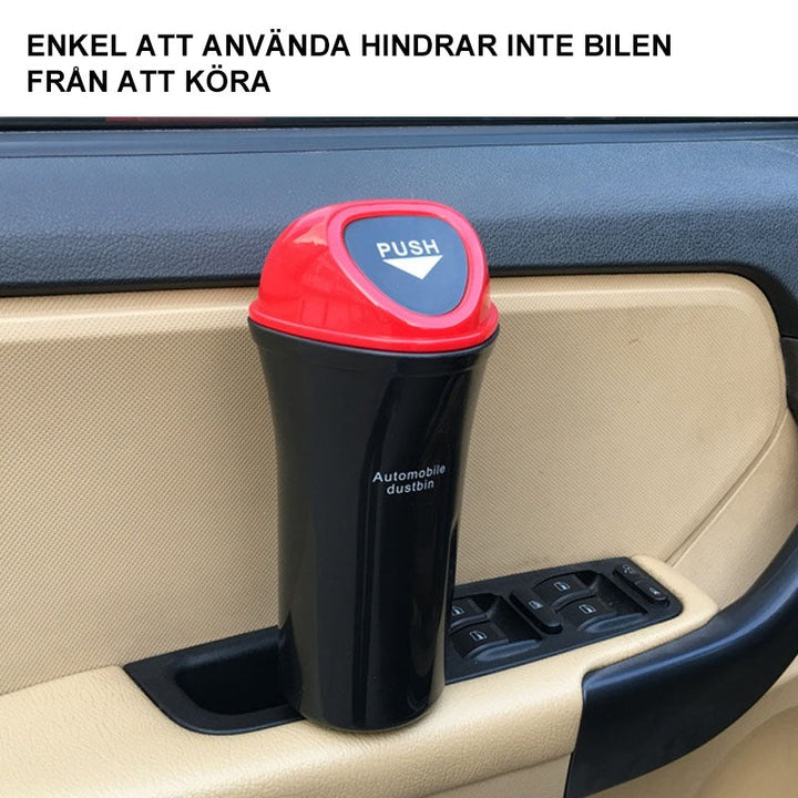 "Kompakt papperskorg för bil, diskret design med skjutlock, hållbart ABS-material, tillgänglig i flera färger."