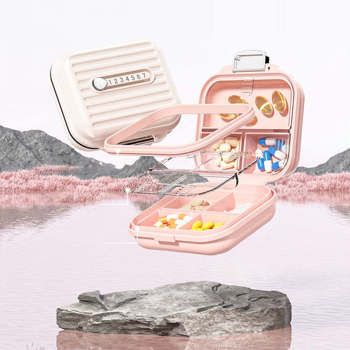 "Kompakt pillerburk med sju fack, rosa nyans, idealisk för moderna kvinnor, skyddar medicin mot fukt och damm."