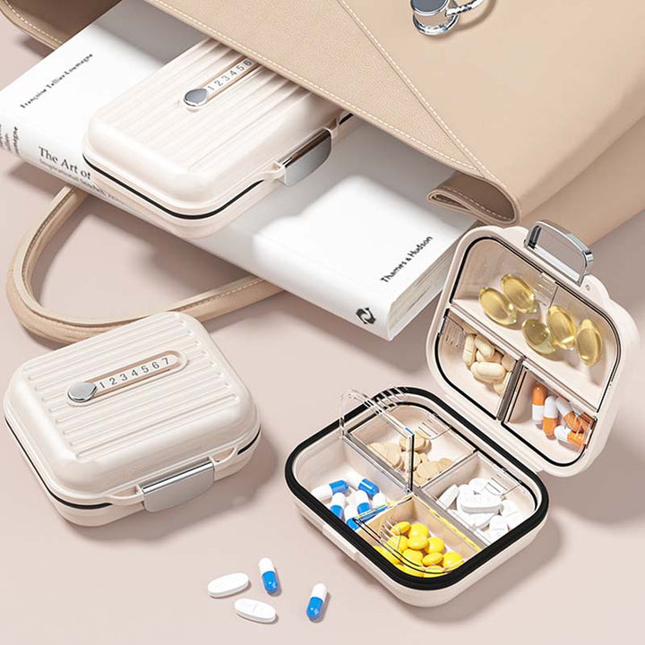 "Kompakt pillerburk med sju fack, rosa nyans, idealisk för moderna kvinnor, skyddar medicin mot fukt och damm."