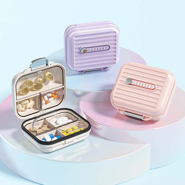 "Kompakt pillerburk med sju fack, rosa nyans, idealisk för moderna kvinnor, skyddar medicin mot fukt och damm."