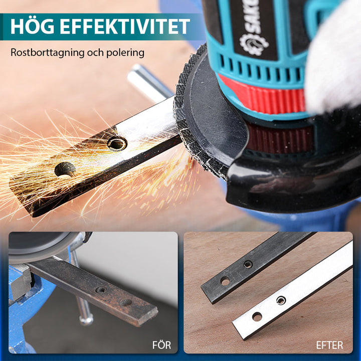 "Kompakt sladdlös mini vinkelslip, svart batteri, robust design; perfekt för kapning och polering i hem och verkstad."