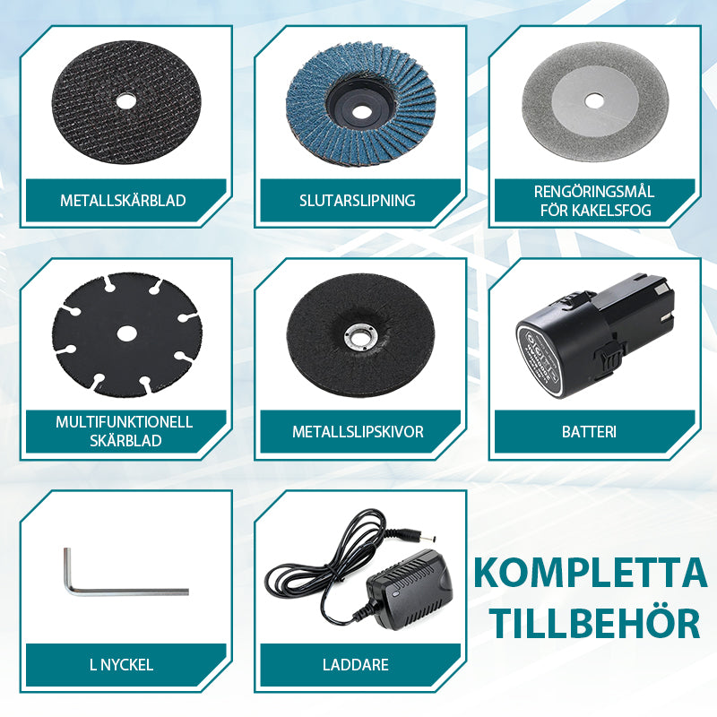"Kompakt sladdlös mini vinkelslip, svart batteri, robust design; perfekt för kapning och polering i hem och verkstad."
