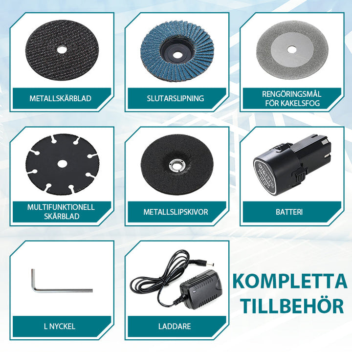 "Kompakt sladdlös mini vinkelslip, svart batteri, robust design; perfekt för kapning och polering i hem och verkstad."