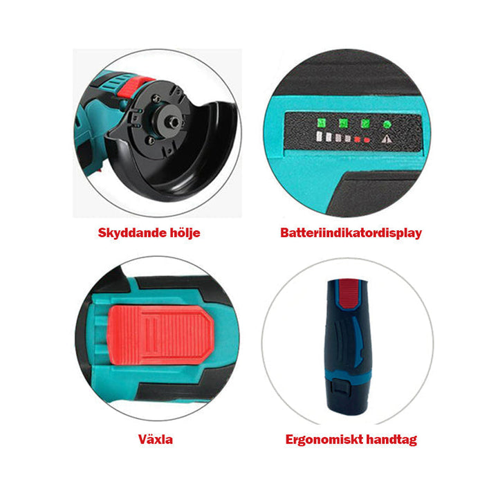 "Kompakt sladdlös mini vinkelslip, svart batteri, robust design; perfekt för kapning och polering i hem och verkstad."