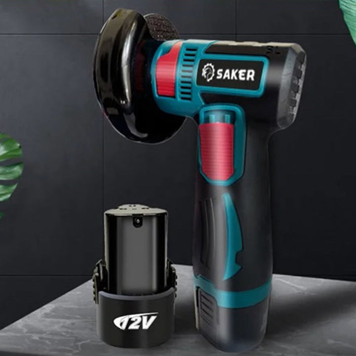"Kompakt sladdlös mini vinkelslip, svart batteri, robust design; perfekt för kapning och polering i hem och verkstad."
