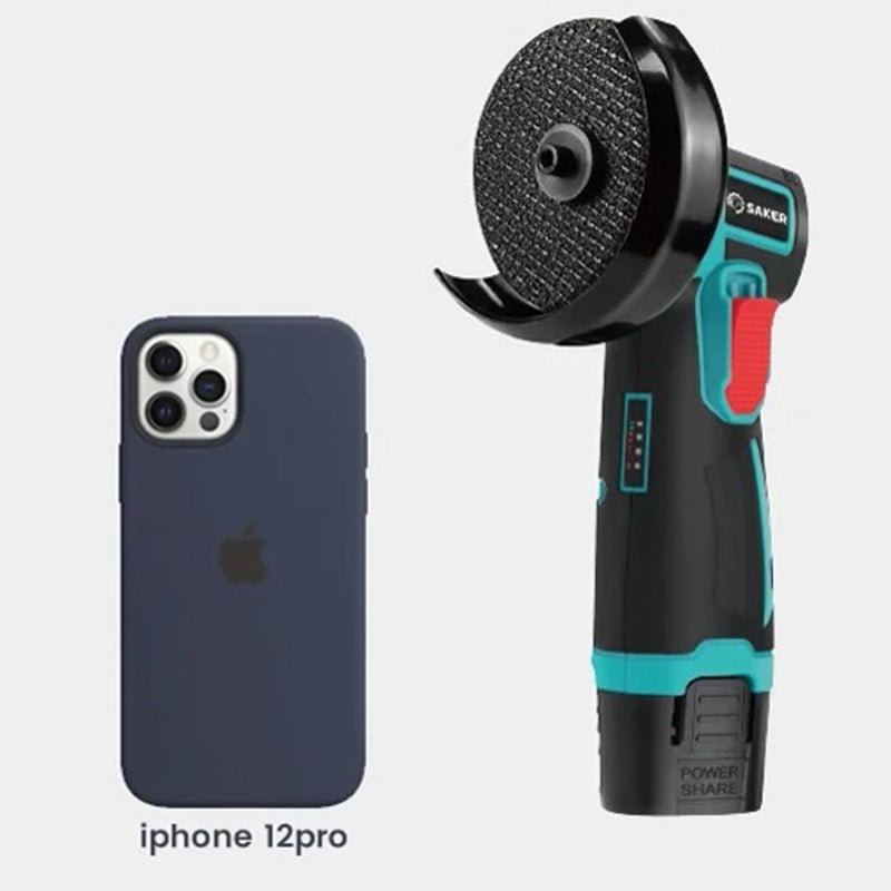 "Kompakt sladdlös mini vinkelslip, svart batteri, robust design; perfekt för kapning och polering i hem och verkstad."