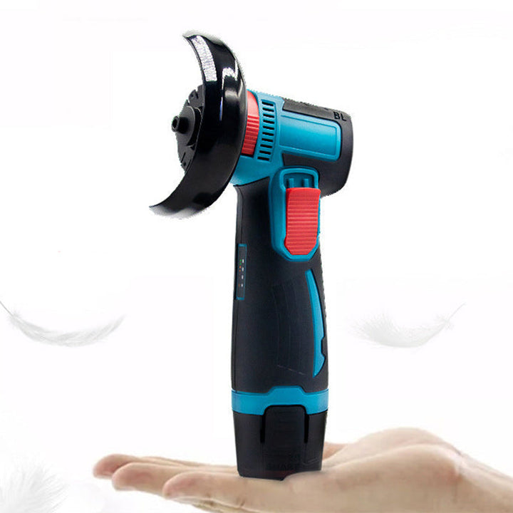 "Kompakt sladdlös mini vinkelslip, svart batteri, robust design; perfekt för kapning och polering i hem och verkstad."