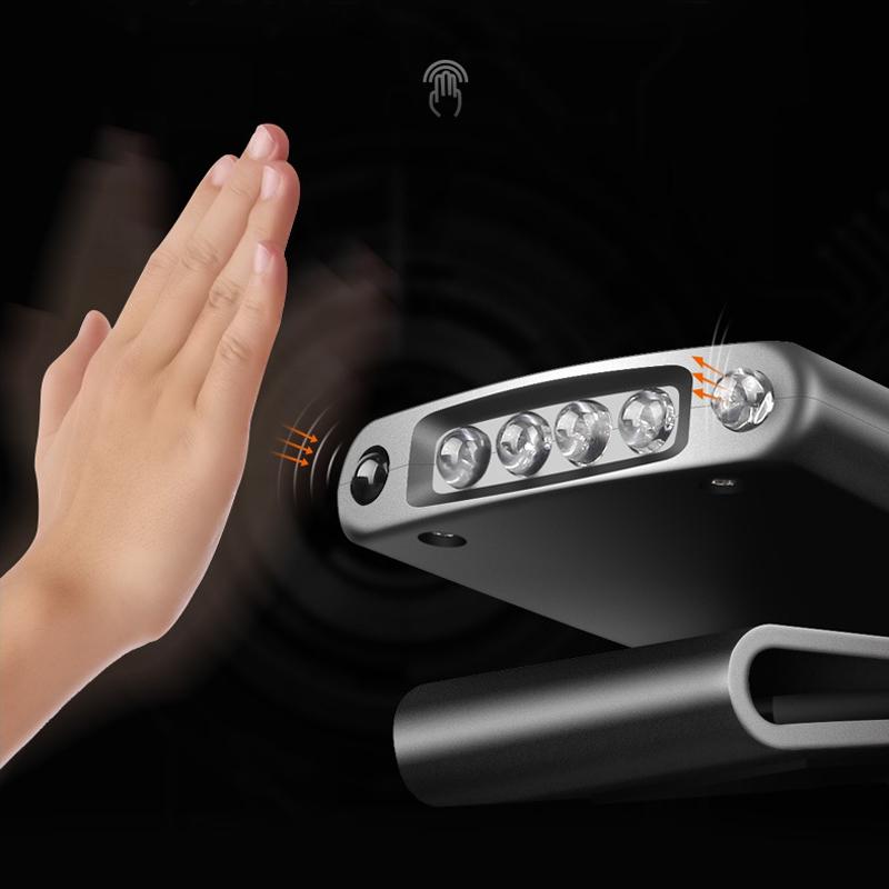 "Kompakt svart klämm-på LED-hattlampa med geststyrd teknik, justerbar vinkel och USB-laddning för handsfree belysning."