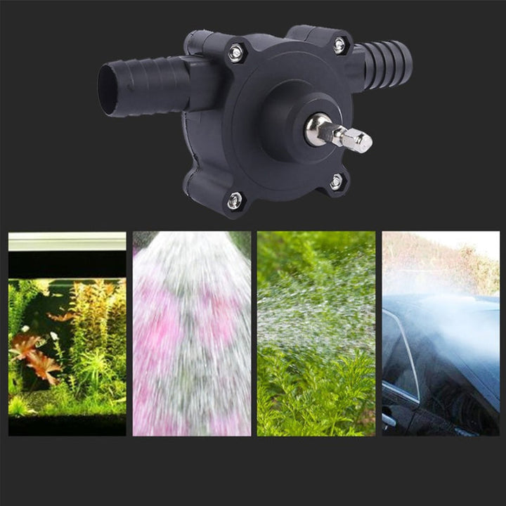 "Kompakt svart självsugande borrpump för effektiv vätskeöverföring i DIY-projekt med kompakta mått och hög prestanda."