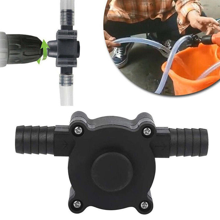 "Kompakt svart självsugande borrpump för effektiv vätskeöverföring i DIY-projekt med kompakta mått och hög prestanda."