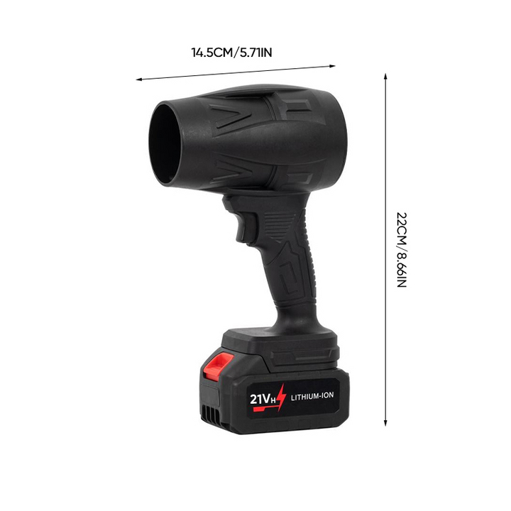 "Kompakt svart tryckluftsfläkt med ergonomiskt handtag, justerbar luftström, perfekt för rengöring av olika ytor."