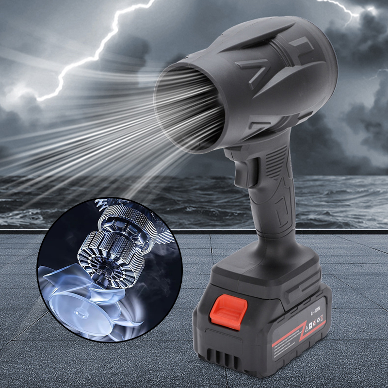 "Kompakt svart tryckluftsfläkt med ergonomiskt handtag, justerbar luftström, perfekt för rengöring av olika ytor."