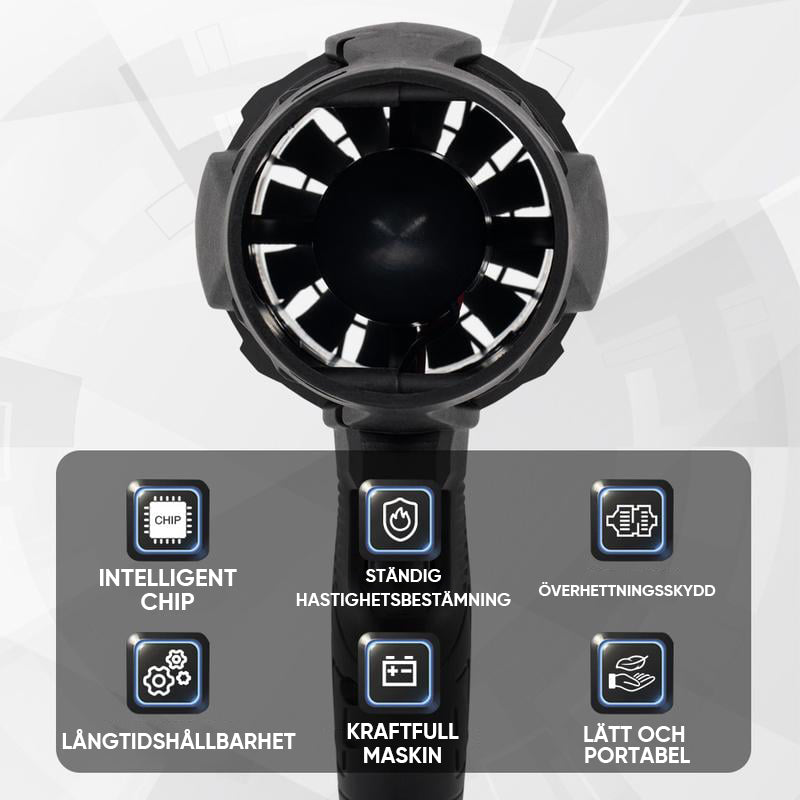 "Kompakt svart tryckluftsfläkt med ergonomiskt handtag, justerbar luftström, perfekt för rengöring av olika ytor."