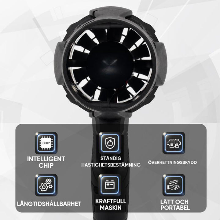 "Kompakt svart tryckluftsfläkt med ergonomiskt handtag, justerbar luftström, perfekt för rengöring av olika ytor."