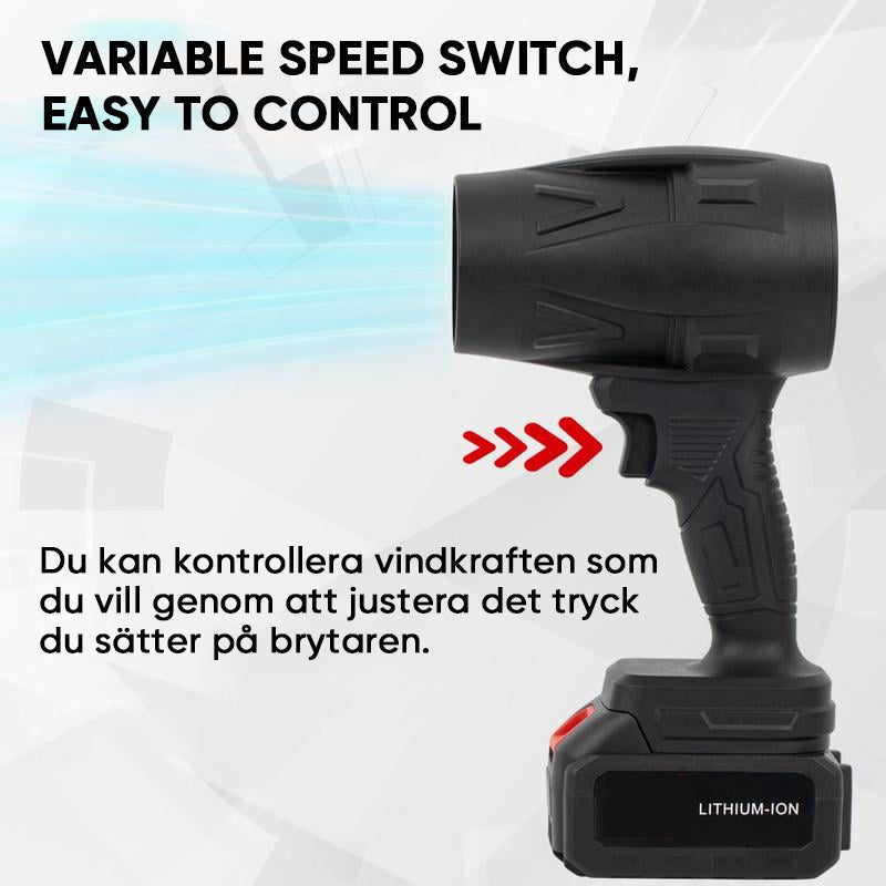 "Kompakt svart tryckluftsfläkt med ergonomiskt handtag, justerbar luftström, perfekt för rengöring av olika ytor."
