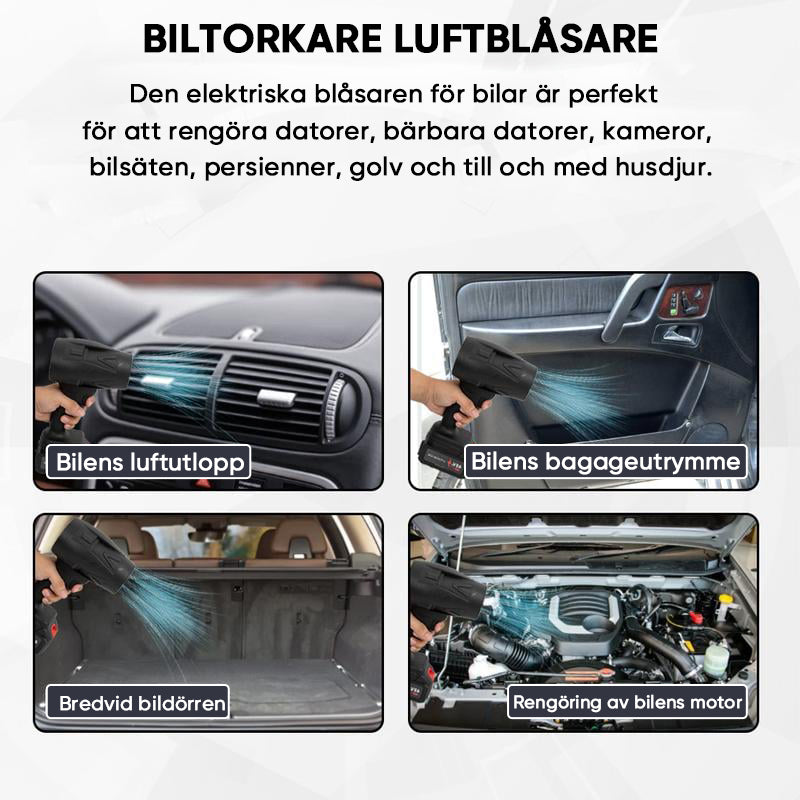 "Kompakt svart tryckluftsfläkt med ergonomiskt handtag, justerbar luftström, perfekt för rengöring av olika ytor."