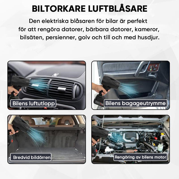 "Kompakt svart tryckluftsfläkt med ergonomiskt handtag, justerbar luftström, perfekt för rengöring av olika ytor."