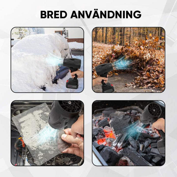 "Kompakt svart tryckluftsfläkt med ergonomiskt handtag, justerbar luftström, perfekt för rengöring av olika ytor."