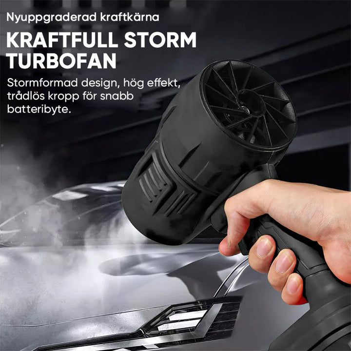 "Kompakt svart tryckluftsfläkt med ergonomiskt handtag, justerbar luftström, perfekt för rengöring av olika ytor."