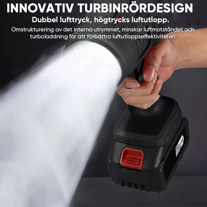 "Kompakt svart tryckluftsfläkt med ergonomiskt handtag, justerbar luftström, perfekt för rengöring av olika ytor."