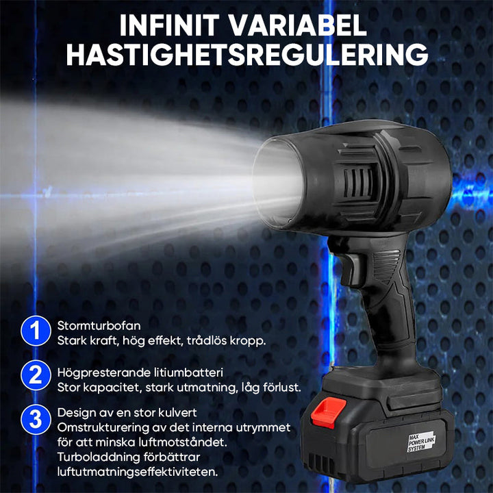 "Kompakt svart tryckluftsfläkt med ergonomiskt handtag, justerbar luftström, perfekt för rengöring av olika ytor."