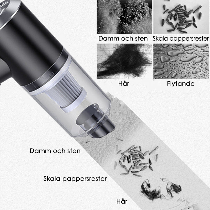 "Kompakt trådlös handhållen bildammsugare i svart för hem och bil, med kraftfull sugkapacitet och enkel hantering."