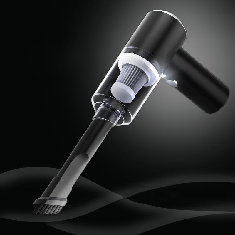 "Kompakt trådlös handhållen bildammsugare i svart för hem och bil, med kraftfull sugkapacitet och enkel hantering."