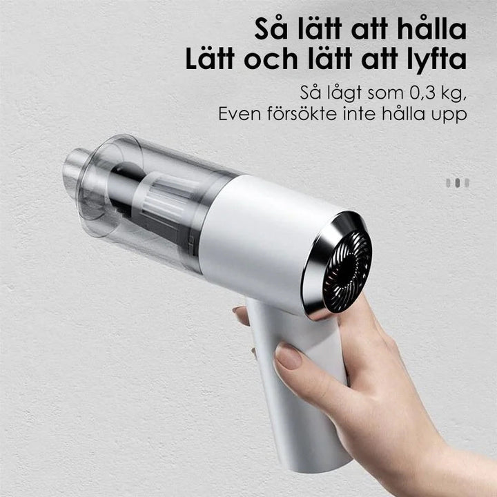 "Kompakt trådlös handhållen bildammsugare i svart för hem och bil, med kraftfull sugkapacitet och enkel hantering."