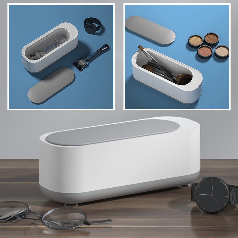 "Kompakt vit och grå ultraljudsrengöringsmaskin, idealisk för smycken och glasögon, bärbar och effektiv rengöring."