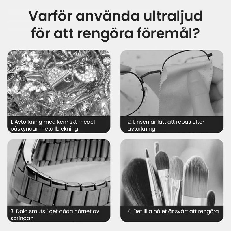 "Kompakt vit och grå ultraljudsrengöringsmaskin, idealisk för smycken och glasögon, bärbar och effektiv rengöring."