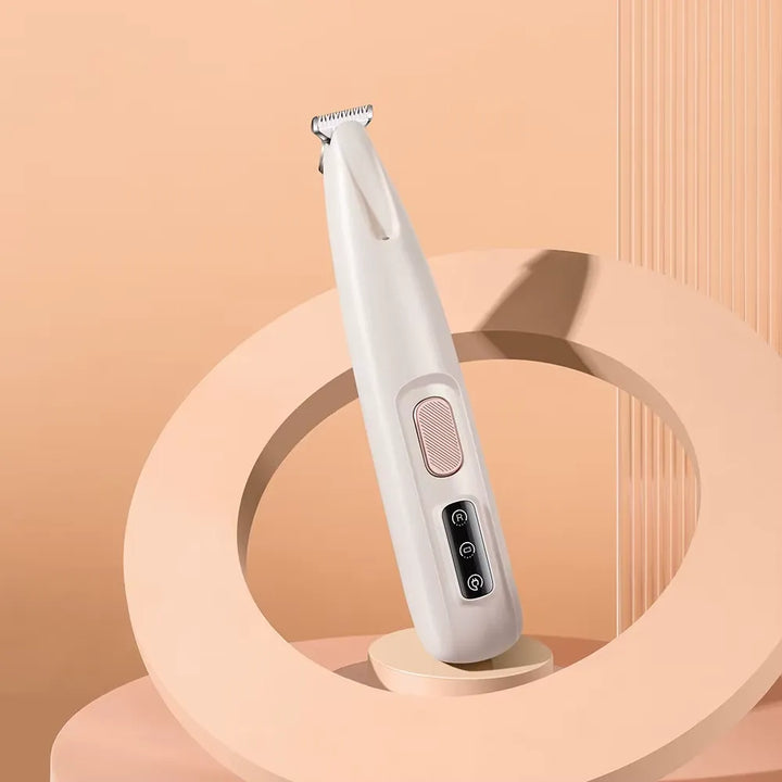 "Kompakt vit tasstrimmer med LED-lampa för precis grooming av husdjur i svåra områden som tassar, nos och öron."