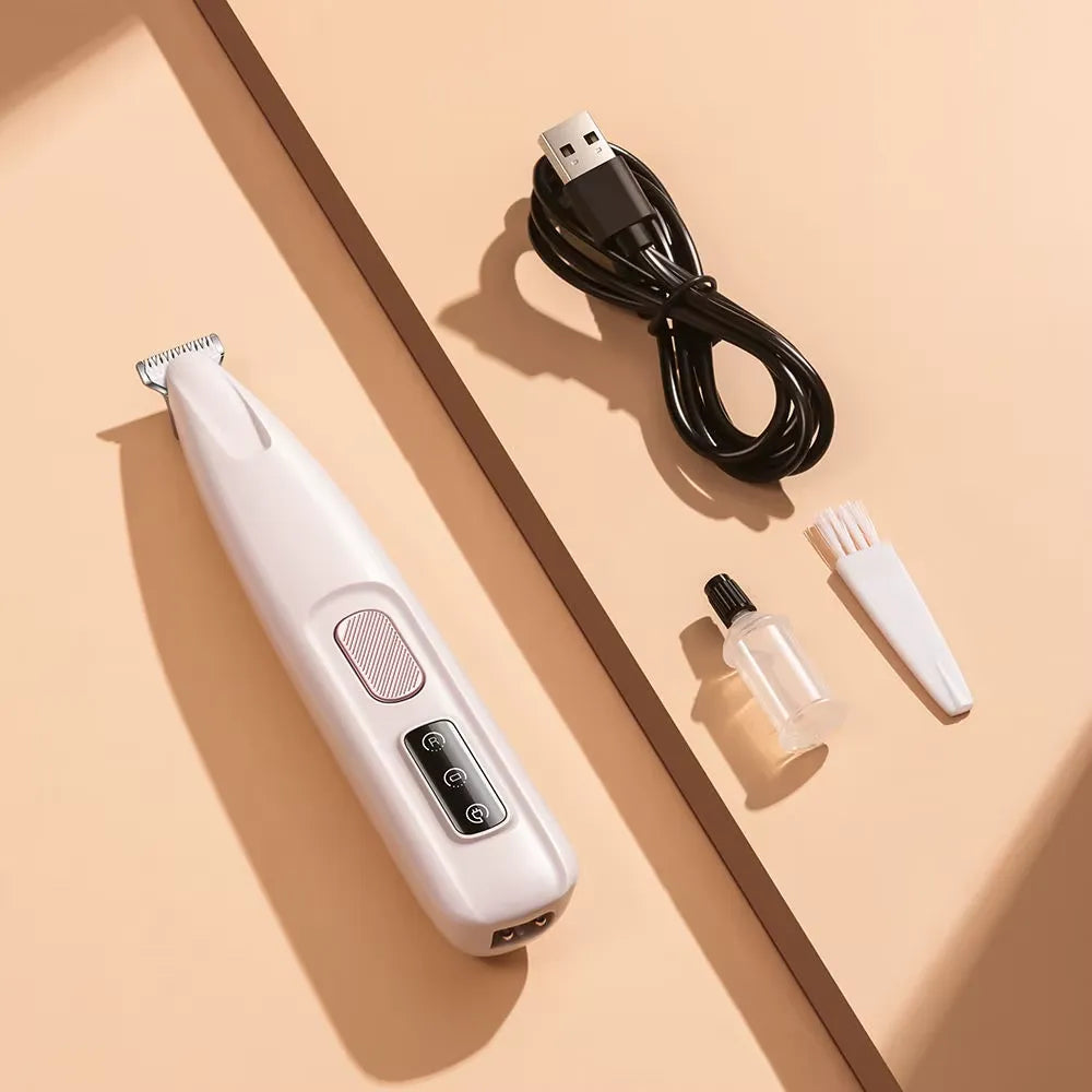 "Kompakt vit tasstrimmer med LED-lampa för precis grooming av husdjur i svåra områden som tassar, nos och öron."
