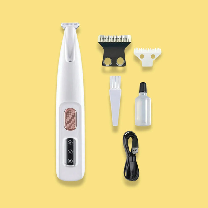 "Kompakt vit tasstrimmer med LED-lampa för precis grooming av husdjur i svåra områden som tassar, nos och öron."