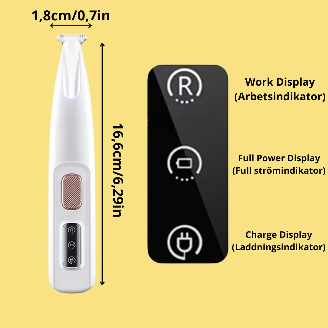 "Kompakt vit tasstrimmer med LED-lampa för precis grooming av husdjur i svåra områden som tassar, nos och öron."