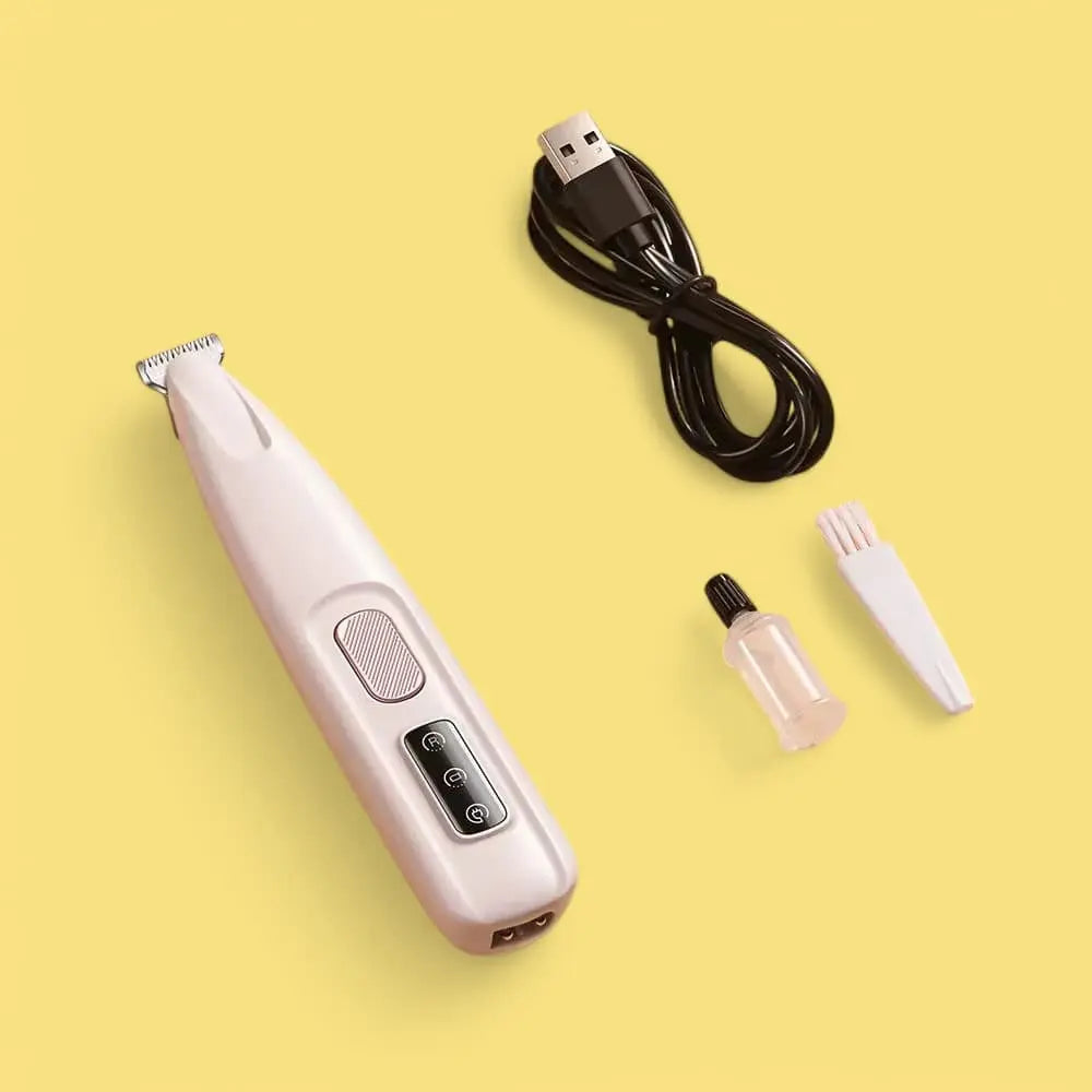 "Kompakt vit tasstrimmer med LED-lampa för precis grooming av husdjur i svåra områden som tassar, nos och öron."