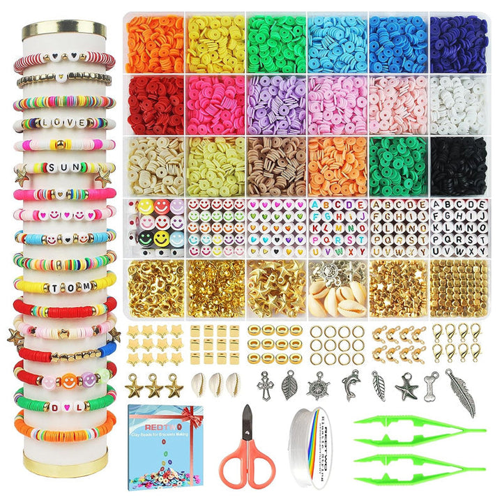 "Komplett DIY kit med 5520 färgglada polymerlerpärlor och verktyg för armbandstillverkning, för vuxna och barn."
