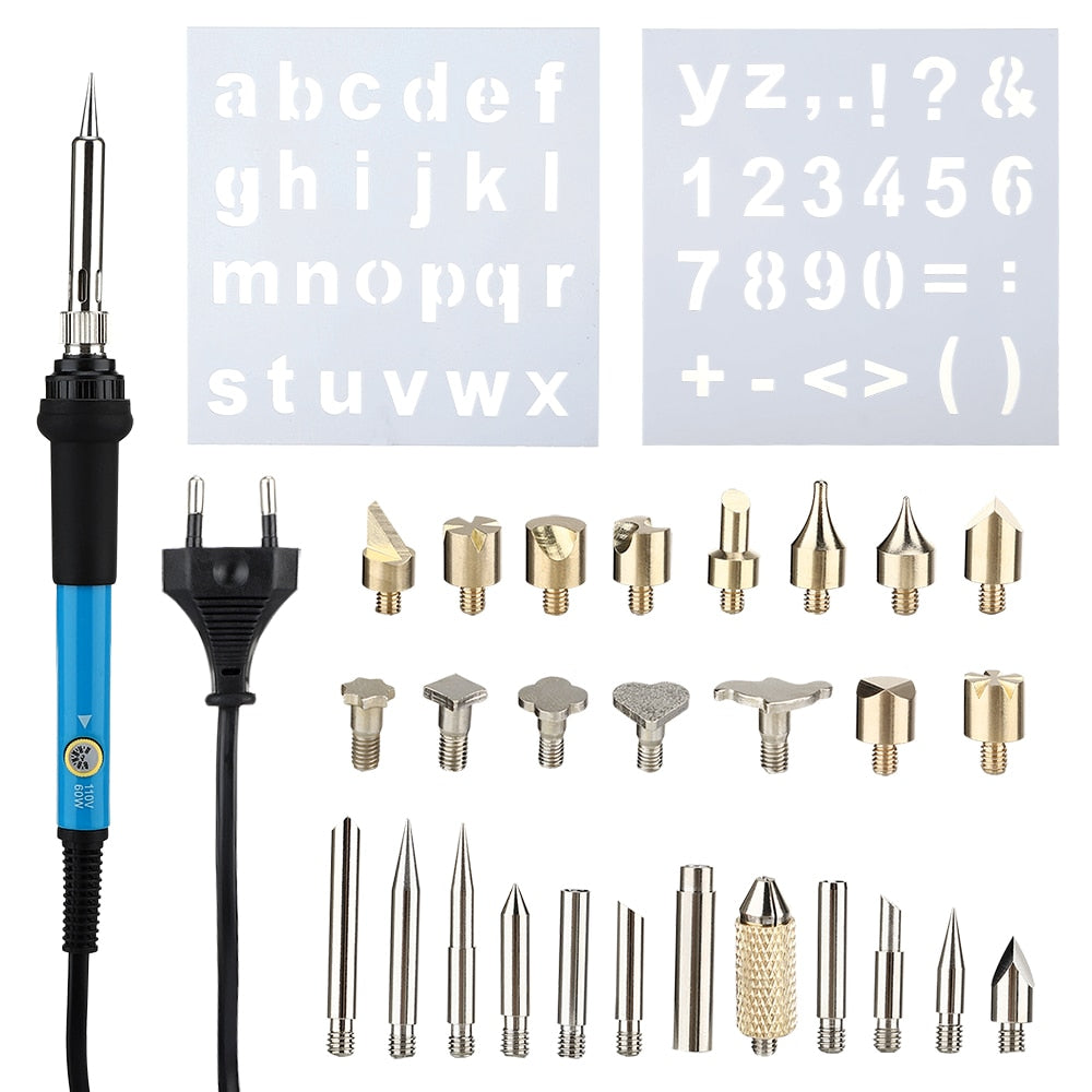 "Komplett träbränning pyrografi kit med ergonomiskt handtag, justerbar temperatur och verktyg för kreativa träprojekt."