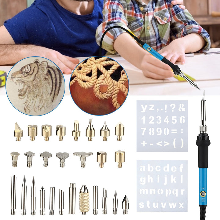 "Komplett träbränning pyrografi kit med ergonomiskt handtag, justerbar temperatur och verktyg för kreativa träprojekt."