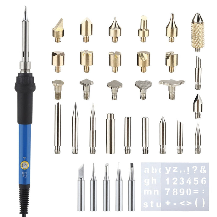 "Komplett träbränning pyrografi kit med ergonomiskt handtag, justerbar temperatur och verktyg för kreativa träprojekt."