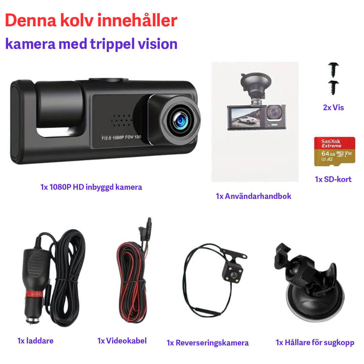 "Körkamera med 1080P upplösning och tre linser, fångar bilens in- och utsida, optimal för säker körning och övervakning."