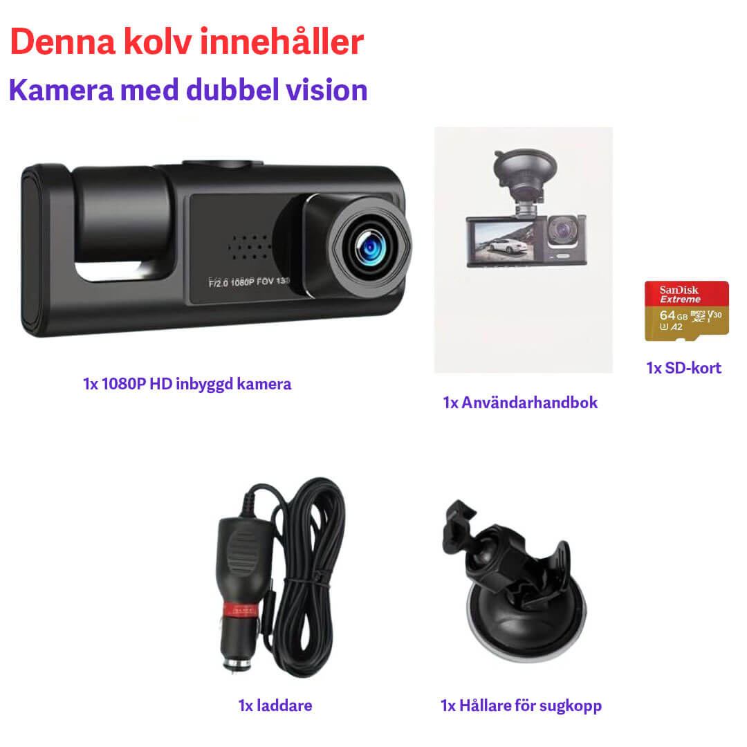 "Körkamera med 1080P upplösning och tre linser, fångar bilens in- och utsida, optimal för säker körning och övervakning."