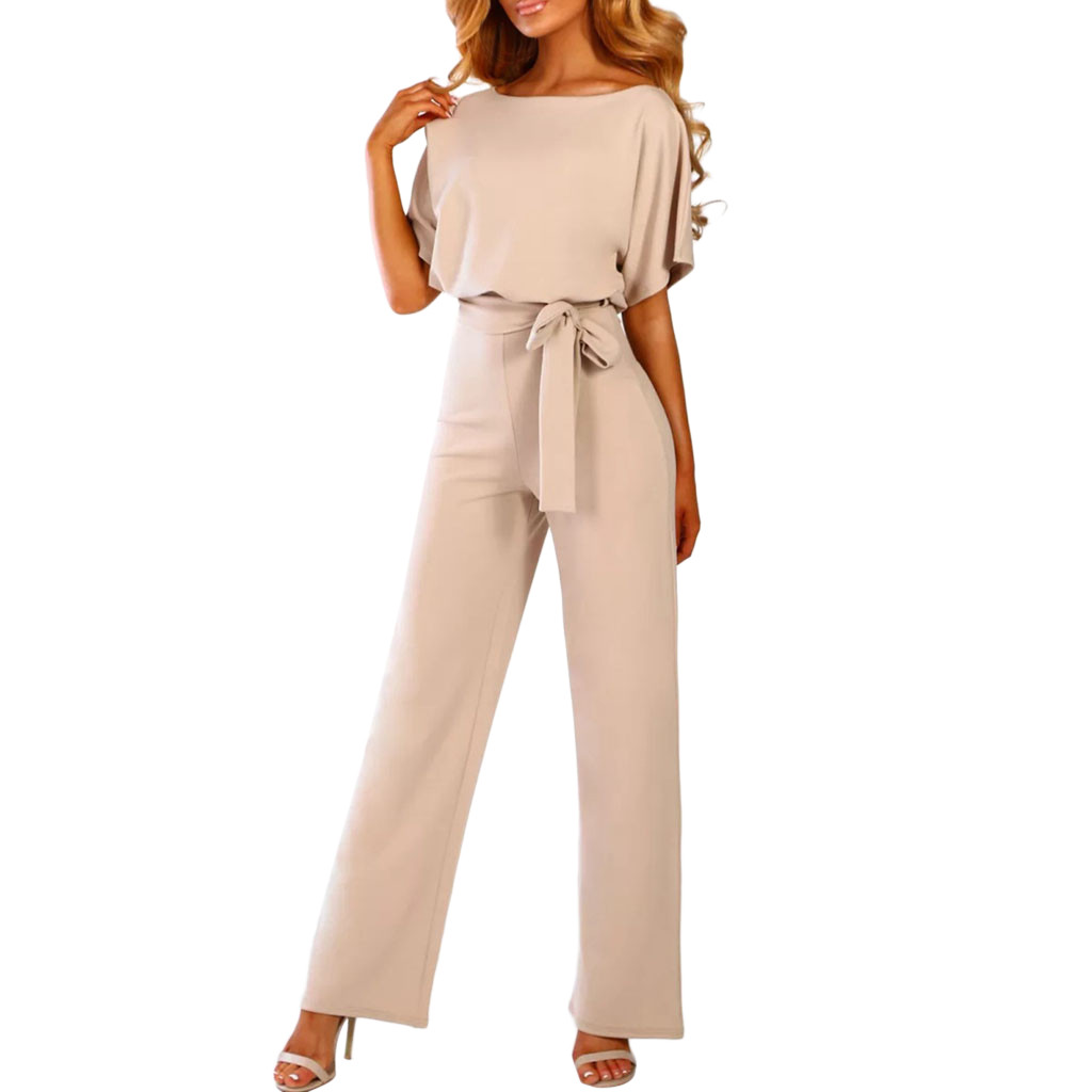 Kortärmad dams jumpsuit med vida ben och justerbart midjeband i olika färger, perfekt för alla tillfällen.