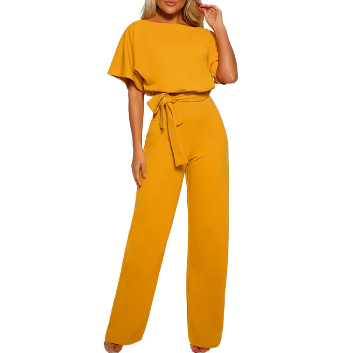 Kortärmad dams jumpsuit med vida ben och justerbart midjeband i olika färger, perfekt för alla tillfällen.
