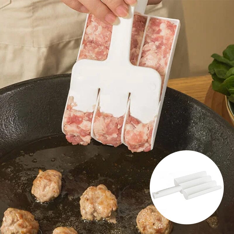"Köttbullarmakare med vitt PP-material, långt handtag, non-stick yta; formar tre köttbullar samtidigt, 21x8,5cm."