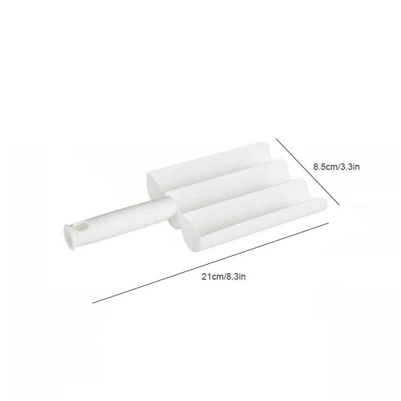 "Köttbullarmakare med vitt PP-material, långt handtag, non-stick yta; formar tre köttbullar samtidigt, 21x8,5cm."